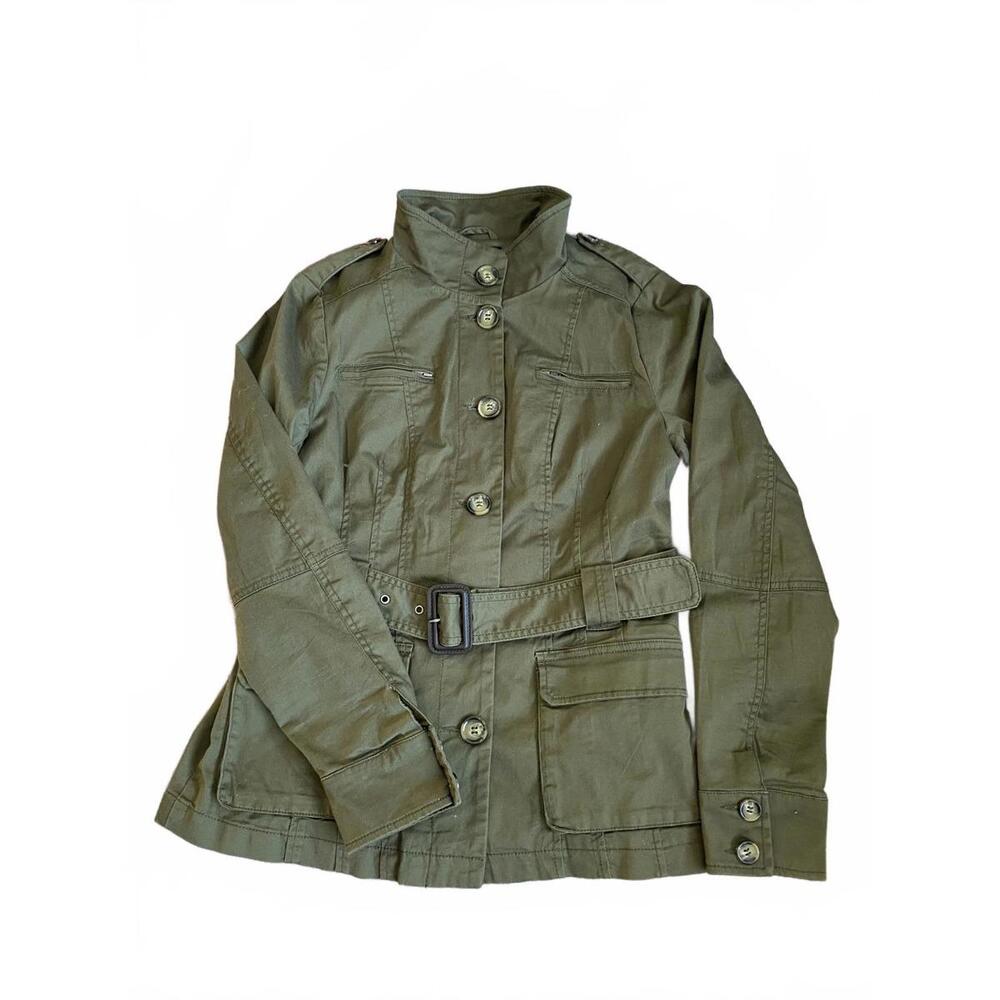 H & M Olive Khaki Green Short Belted Coat Size 12
